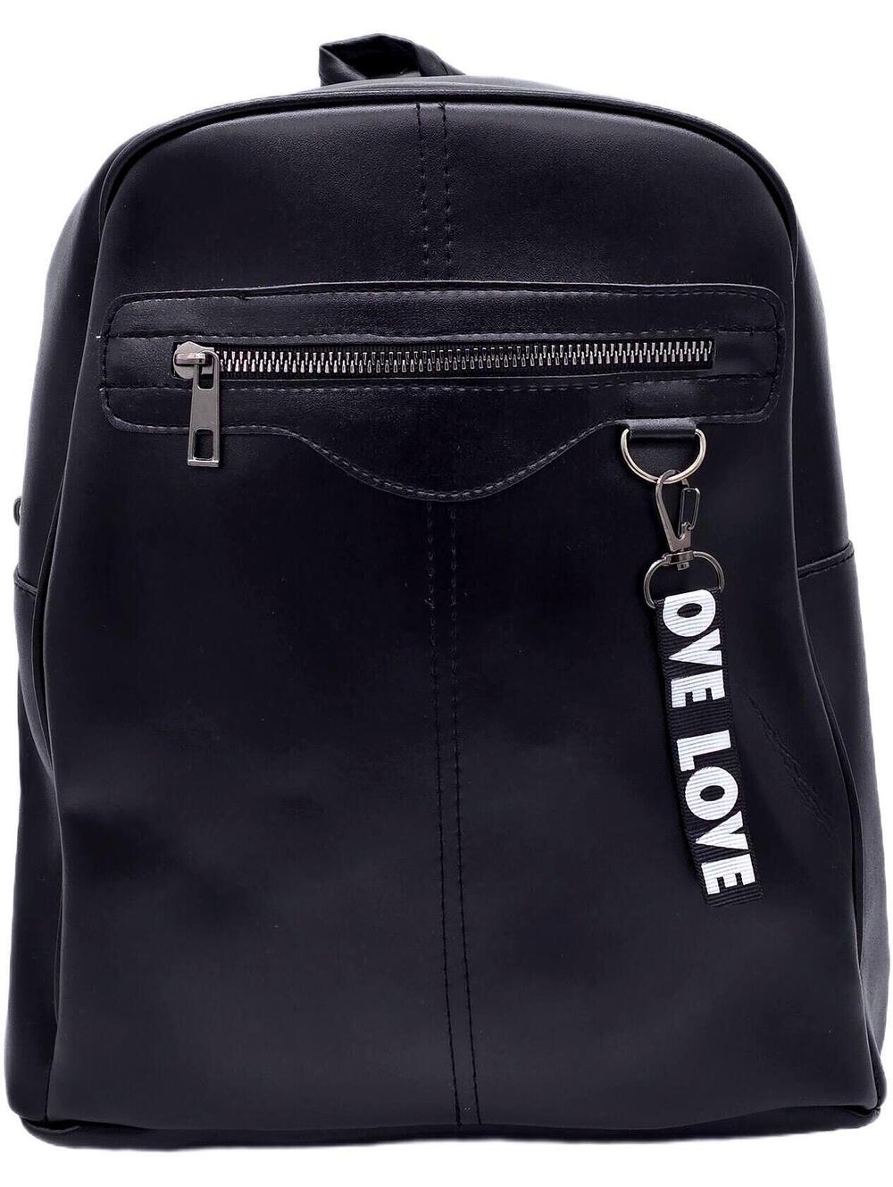 Black Faux Leather Backpack with Front Zipper Pocket and Key